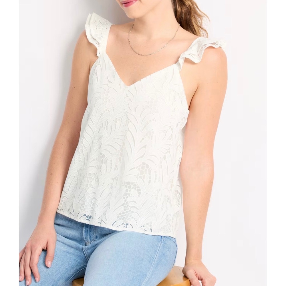 Skies Are Blue White Lace Ruffle Strap Camisole V-Neck Tank Top NWT